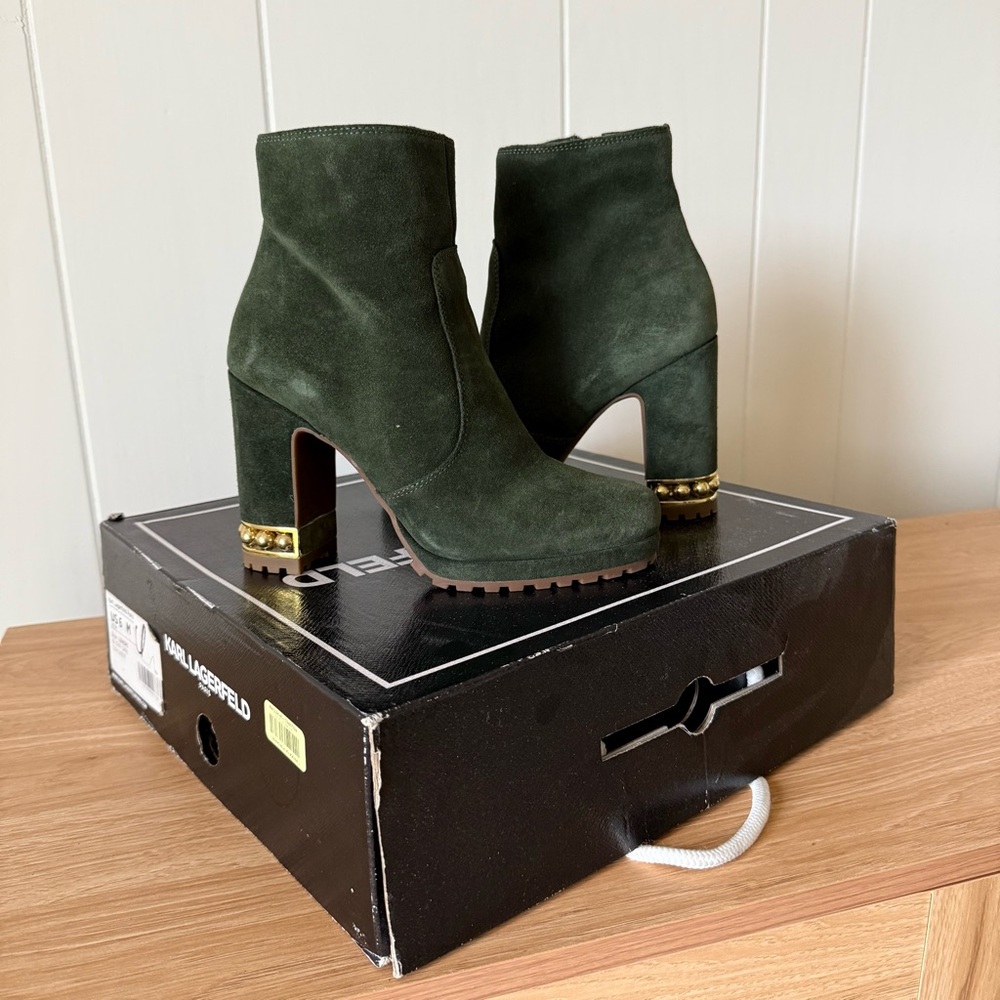 Karl Lagerfeld Lenore Green Suede Ankle Boots with Gold Embellishment
